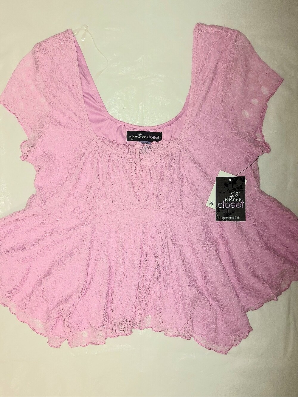Pink Lace Peplum Top Short Sleeve Scoop Neck Blouse